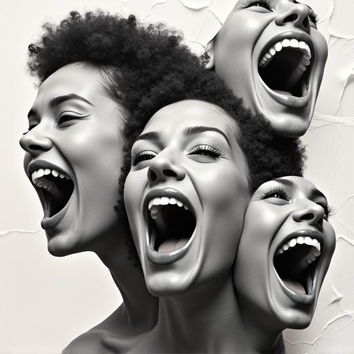 High-resolution collage artwork with large expressive human mouths cut from black and white portraits. Each mouth exaggerated in size with varied expressions. Arranged in playful abstract layout to symbolize energy and creativity. Bold outlines and soft drop shadows in teal or coral add depth. White light crumpled paper background provides contrast. No full faces or eyes. Cropped mouths on abstract human silhouettes suitable for social media marketing.