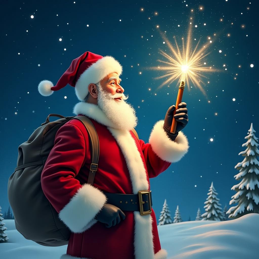 Santa Claus with a big bag standing in the snow. Holding a sparkling wand and writing Desmond in the starry sky. Scene filled with winter trees and a starry night.