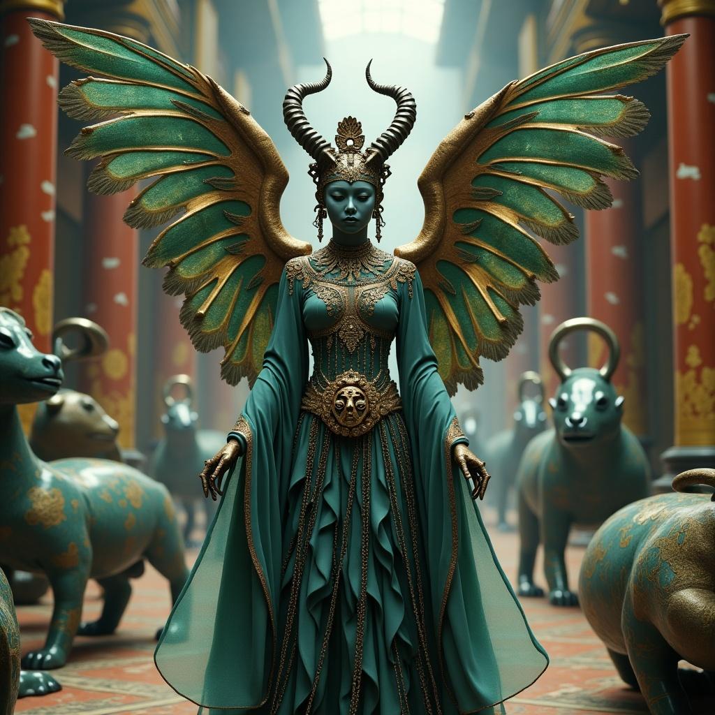 Epic porcelain evil princess figure in grand setting. Mechanical wings and black skin. Detailed horns and face jewelry adorn her. Flowing clothes with baroque patterns. Surroundings include intricate statues and creatures. Beautiful cinematic lighting highlights the scene with a dreamlike quality.