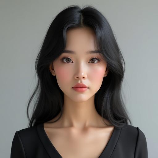 A young woman stands in front of a neutral backdrop. She has shoulder-length straight black hair. Her expression is calm and gentle. She has elegant European characteristics and a symmetrical facial structure. The lighting is soft and natural, creating a beautiful visual impact.