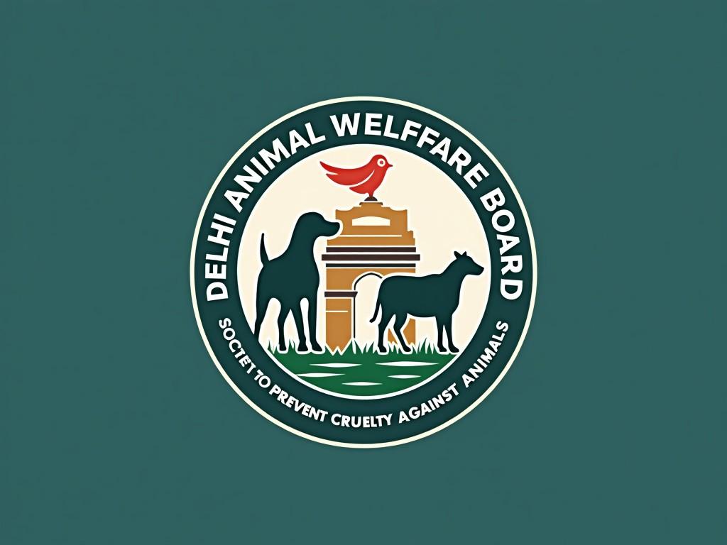 Emblem of Delhi Animal Welfare Board with animals and a monument, green and white color scheme.