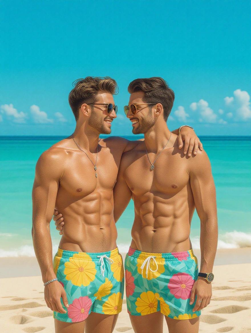 Two young muscular men in colorful swim trunks embracing on a tropical beach under bright sunlight.