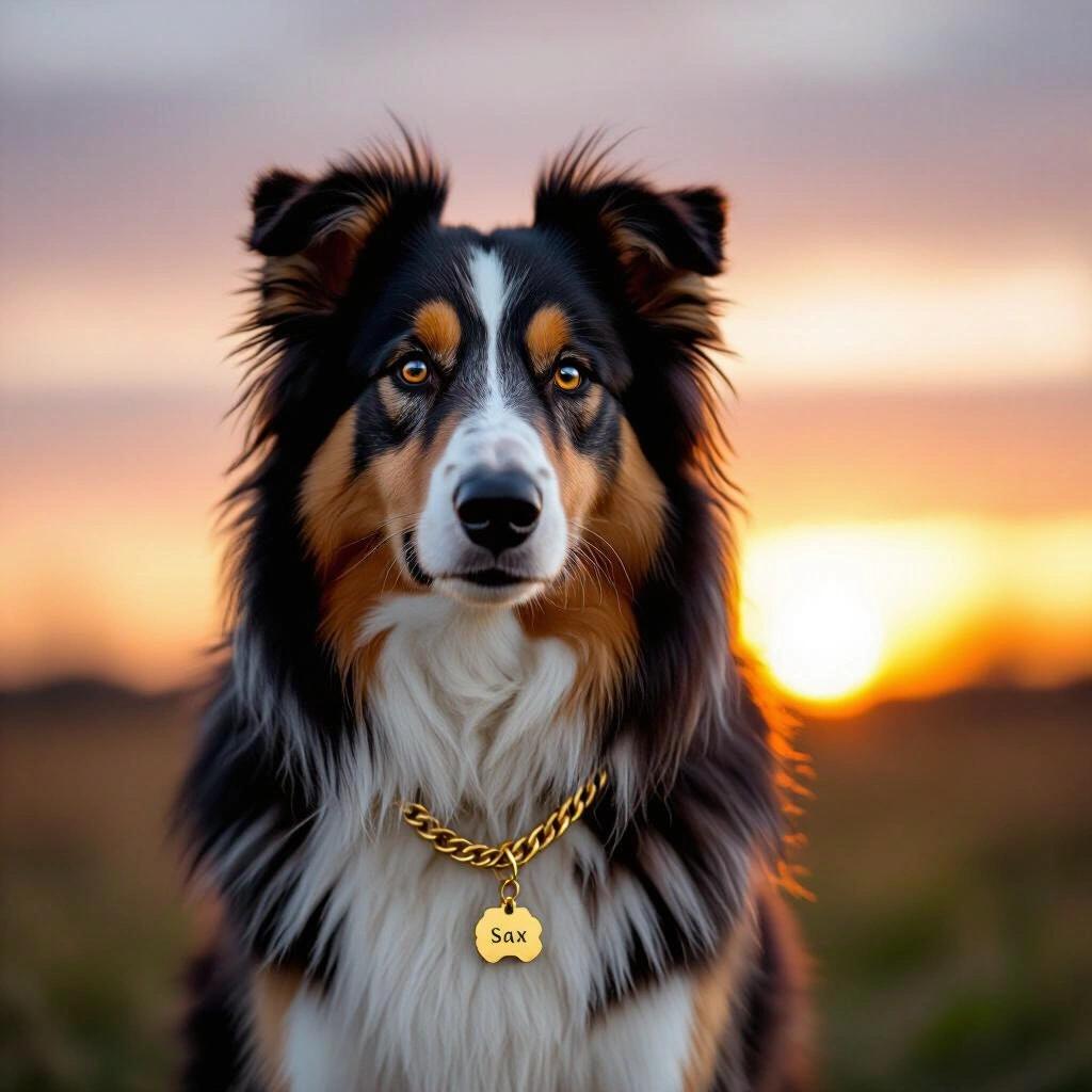 Dark raw photo of a rough collie dog at late sunset. Dog wearing a gold chain with a name tag that says SAX. Dog looks at the camera.