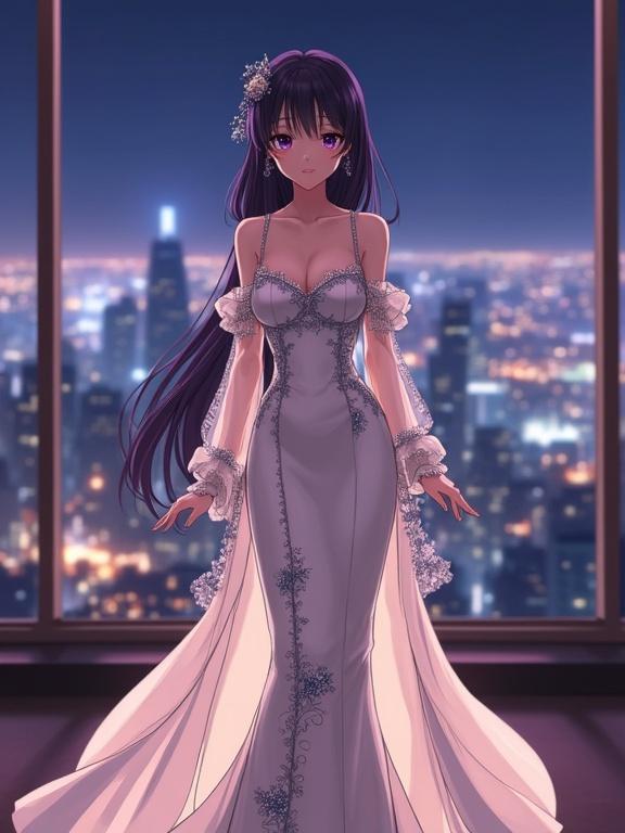 An anime woman with dark violet hair stands in a luxurious sky lounge at night. She wears an elegant off-white gown with sheer sleeves and floral patterns. The setting shows a skyline cityscape. Soft lighting highlights her beauty and the luxurious atmosphere.