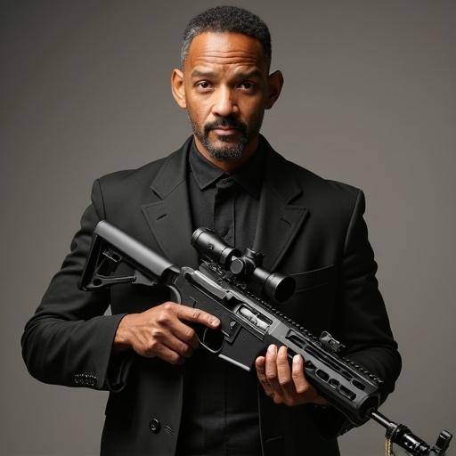 A man dressed in a formal black suit holding a rifle. The rifle is aimed downwards. The setting is simple with a dark background emphasis on the subject and the weapon.