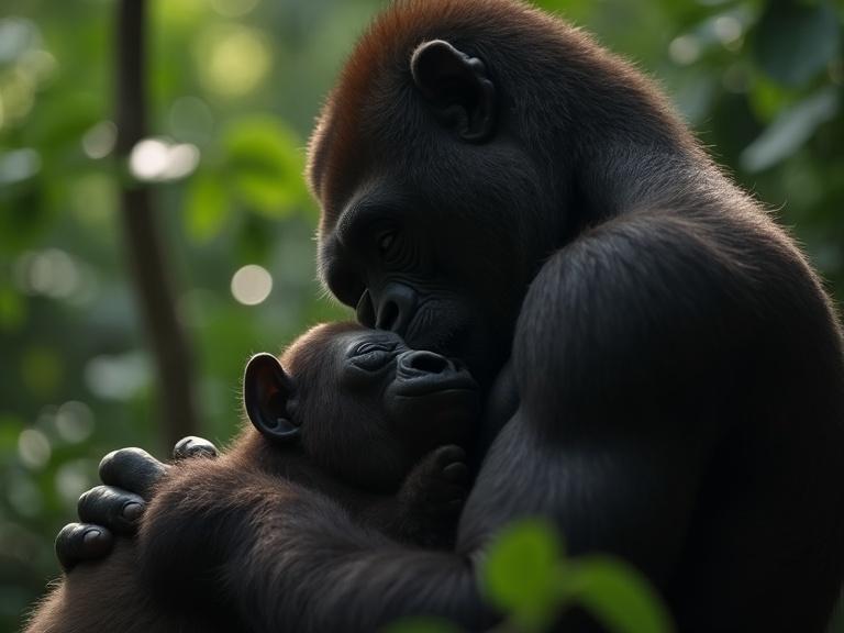 A gorilla resting her head on the chest of her human ranger. The ranger holds her gently. The scene is emotional. Soft cinematic light filters through the jungle sanctuary.