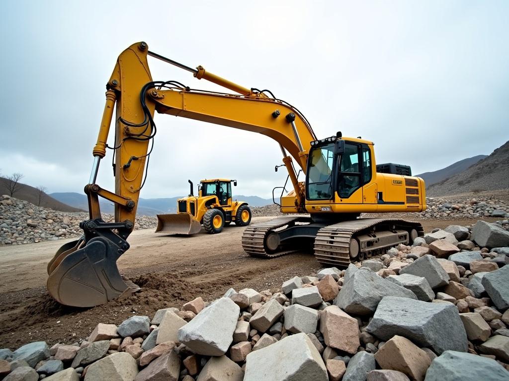 A yellow excavator is positioned on a rocky construction site, actively digging into the ground. The background features a cloudy sky, adding depth to the scene. Nearby, another piece of heavy machinery can be seen working on the site. The excavator's bucket is raised high, showcasing its robust design. Large boulders and rubble scatter around the area, emphasizing the ongoing construction work.