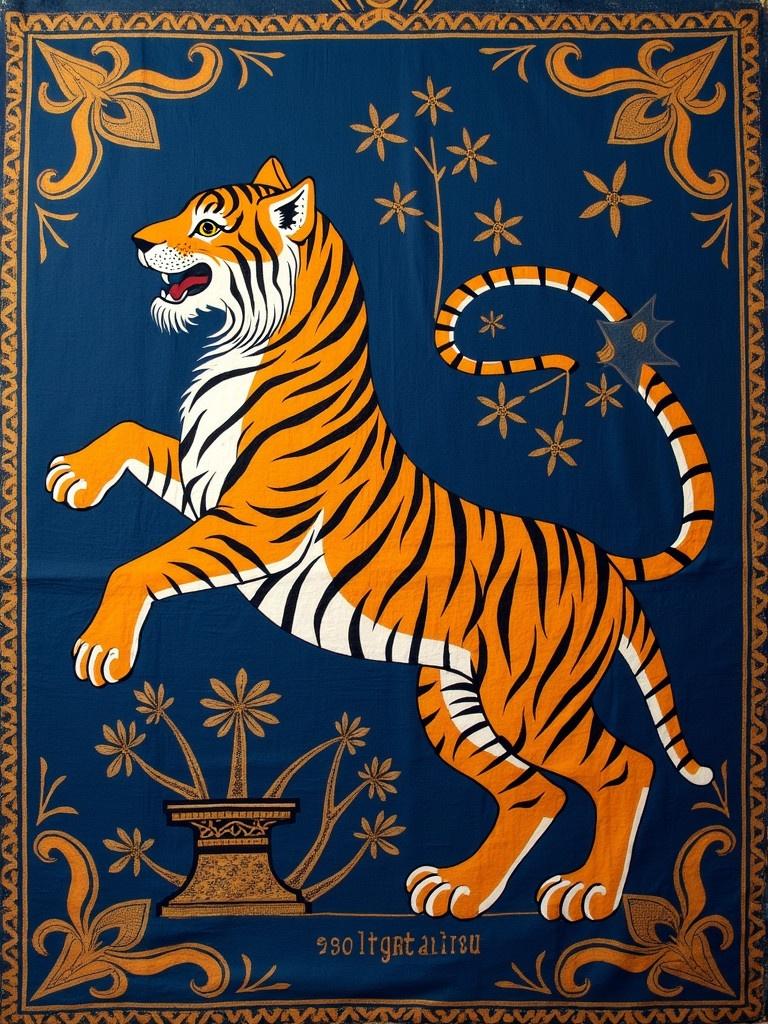 A Byzantine banner features a dark blue background. The main depiction is a striking tiger in orange and white standing proudly. The design includes floral motifs in gold. The tiger has an expressive face and is situated above an ornate pedestal.