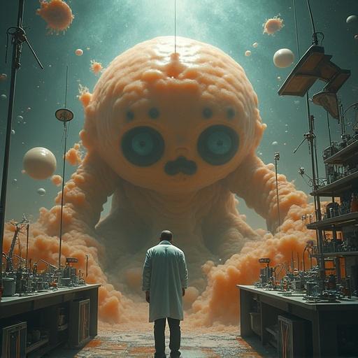 Large blob of protoplasmic goo engulfs mad scientist. Background features futuristic laboratory. Mood conveys fear. Top screen includes text: 'HE CREATED LIFE AND IT BROUGHT HIM DEATH'.