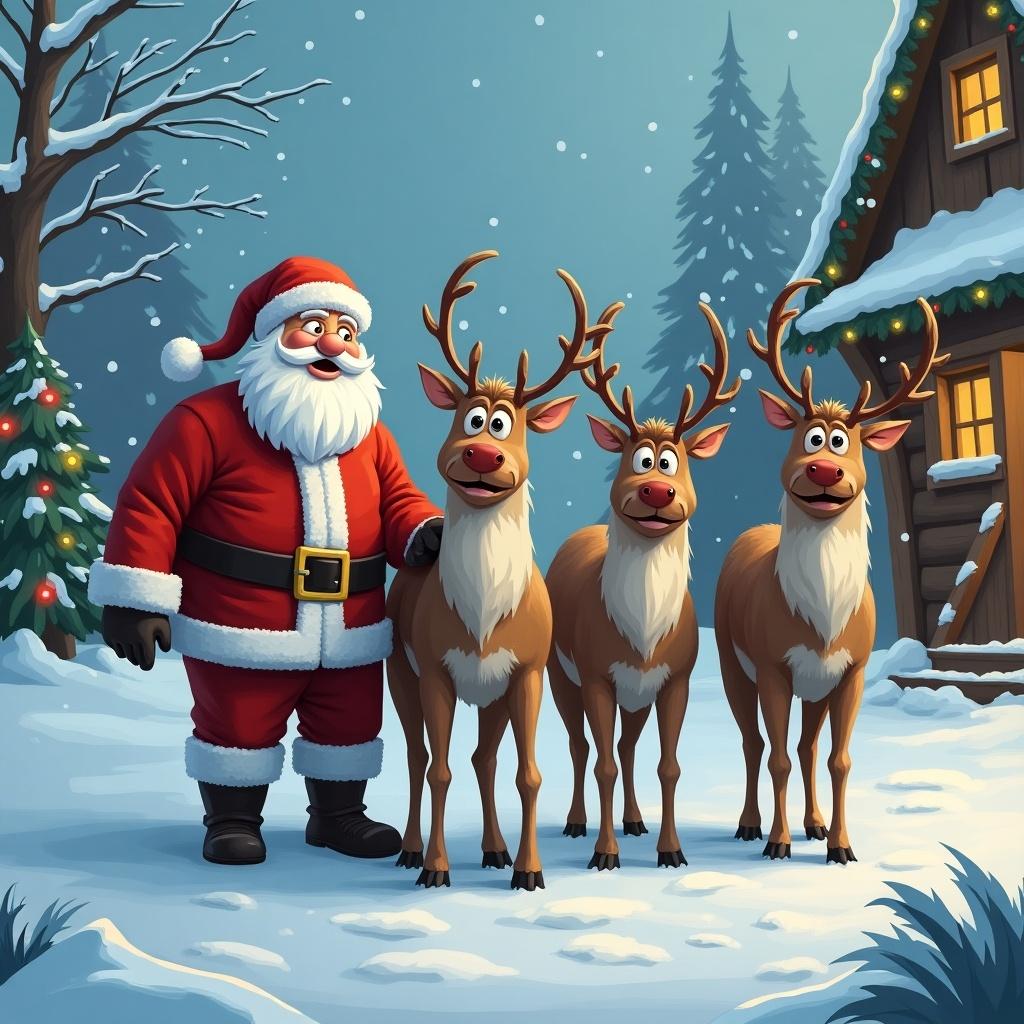 Santa Claus prepares reindeer for Christmas. The scene is festive with snow and a cabin. The reindeer appear scared. Overall a cheerful winter atmosphere.