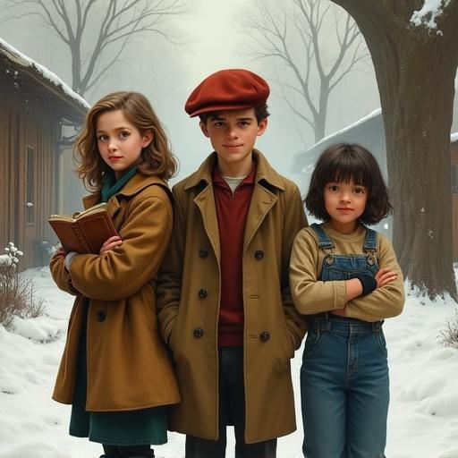 Three literary characters in a winter scene. A girl holds a book. A boy wears a red cap and trench coat. A young girl in overalls holds a toy. They stand together in a snowy backdrop. Painting has natural light and warm tones.