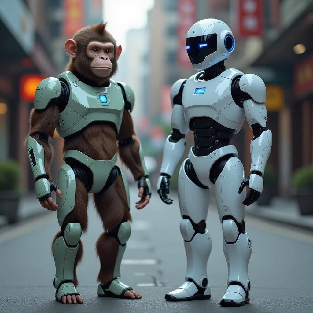 A humanoid robot stands beside a monkey-like figure with robotic enhancements. They are in an urban street setting. The robot is sleek and futuristic while the monkey man appears to be a blend of fur and technology. Both characters display a sense of curiosity and innovation.