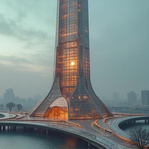 Futuristic tower design showcasing high-tech architecture with an emphasis on cyborg elements. No human figures present. Conceptual visualization of a futuristic environment.