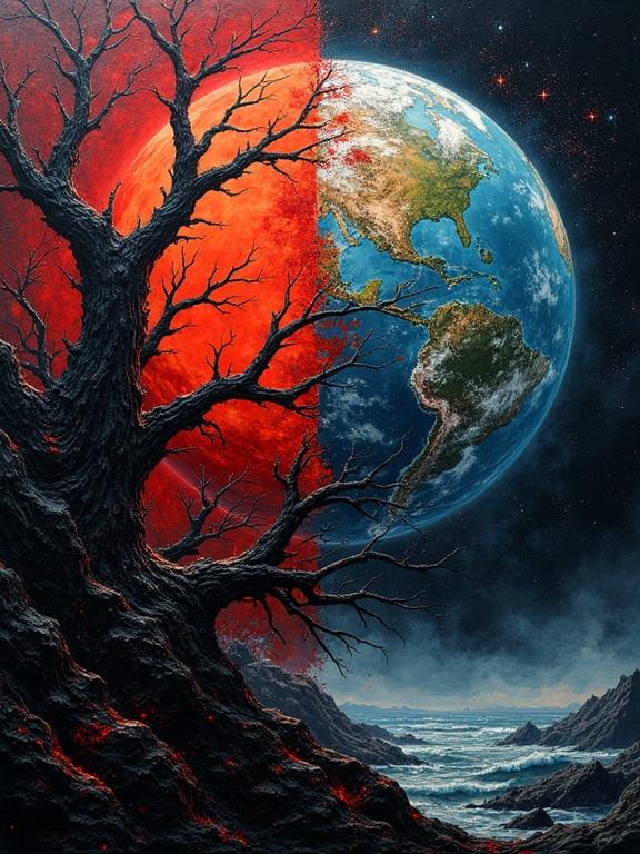 Left side dark abstract art with deep reds blacks centered around a blood moon. Twisted trees with sharp branches in chaos. Right side bright depiction of Earth with glowing oceans and continents. Cosmic stars surrounding Earth. Symbolizes duality of chaos and order.