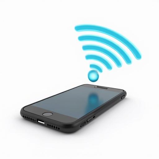 A cellphone is shown emitting blue radio waves. The background is plain white. The cellphone has a sleek design with a black case.