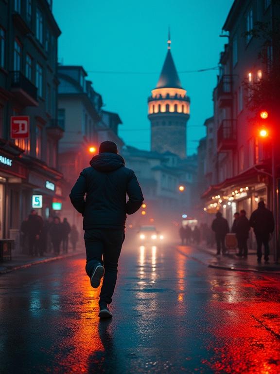 Cinematic frame capturing a man running through streets at night. Distorted minaret silhouettes in neon lights. Evening atmosphere evokes a sense of pursuit and urgency.