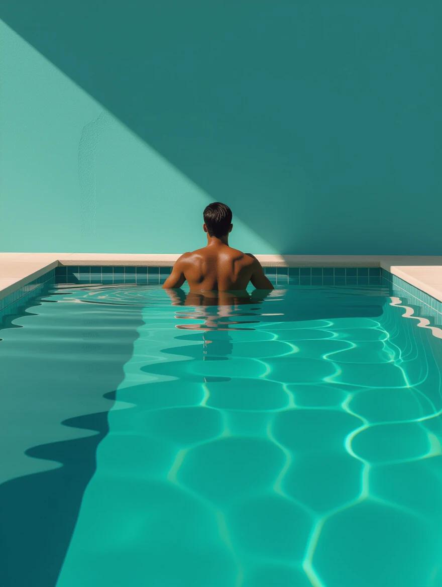 Minimal graphic design film poster featuring a silhouette of a man in a turquoise pool. Interesting lighting and vast negative space create a clean background. Modern and dreamy feel with no text. Elegant composition highlights subtle ambiance of nostalgia.