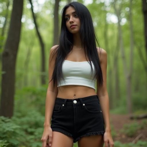Skinny 18 year old girl in a forest. Long straight black hair. Tanned skin. Relaxed posture. White crop top and black shorts. Slight motion blur. Amateur photography style. Grainy appearance. Real-life composition.