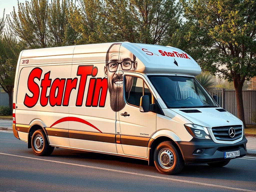 A delivery truck with a bold 'StarTin' branding and a large face illustration on its side.