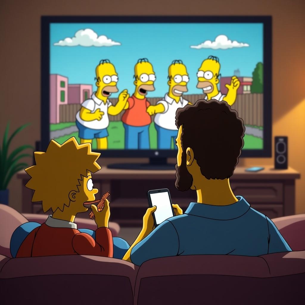 Father and child sitting on a sofa watching a cartoon on a TV. Child eating fries. Father using a smartphone. Characters resemble but are not exact replicas of The Simpsons. Domestic setting.