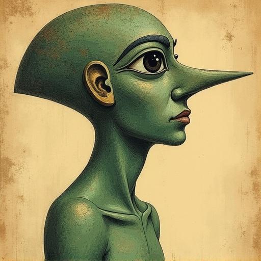 Vintage illustration style of a man with muted colors. Illustrated with pencil drawing technique. Egyptian highlighted nose, flat colors. Background resembles ancient manuscript. Man has big outlined eyes and elongated profile. Face shape features Egyptian Ra style eyes. Entire body displays a green gradient. Canvas-like texture.