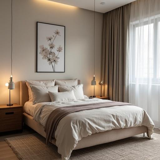 A corner of the bedroom with modern decor. Features a cozy bed with pillows and bedding. Includes two hanging lights and a window with curtains.