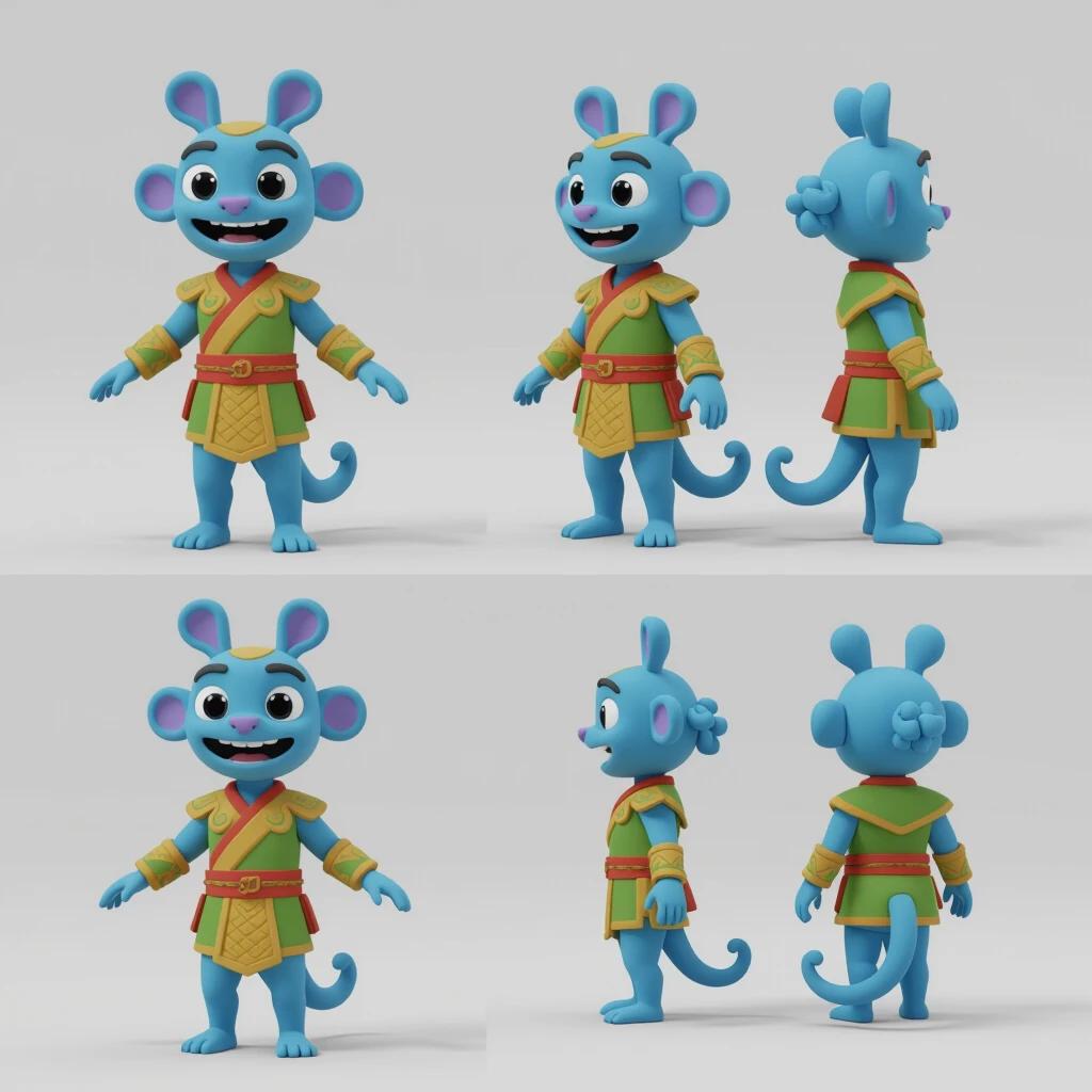 3D animated character inspired by chapolim. Character features playful facial expression. Colorful outfit with blue skin and oversized ears. Designed in multiple views showing the character. Ideal for children's entertainment.