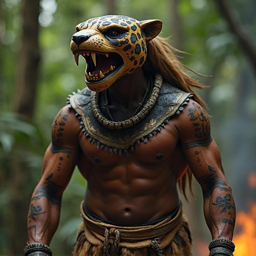 A fierce male Maya warrior dancer in a jungle setting. He wears a jaguar-head headdress. The cape mimics fur patterns. Loincloth and leather belt enhance authenticity. Body is painted with glyphs and spots. Expression shows nobility. Firelight and smoke add drama.