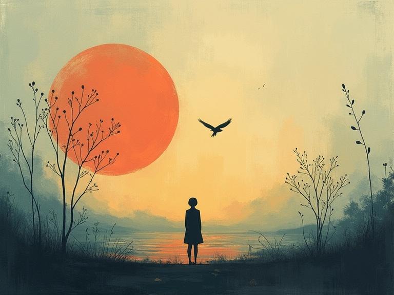 A girl standing in front of a large orange sun over a calm sea. Silhouettes of plants frame the scene. A bird flies across the sky. Emotive and dreamlike elements create a surreal atmosphere.
