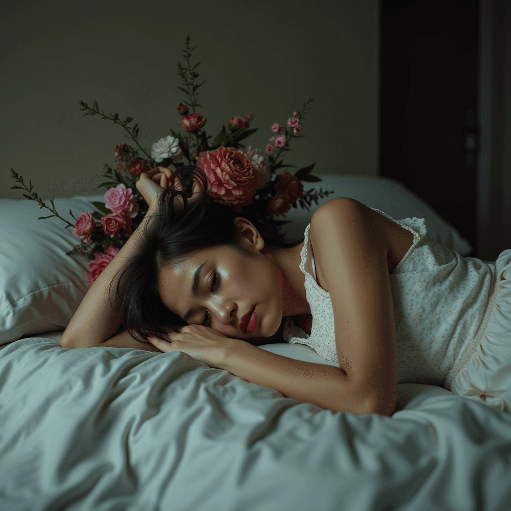 A person is peacefully sleeping on a bed surrounded by beautiful flowers.