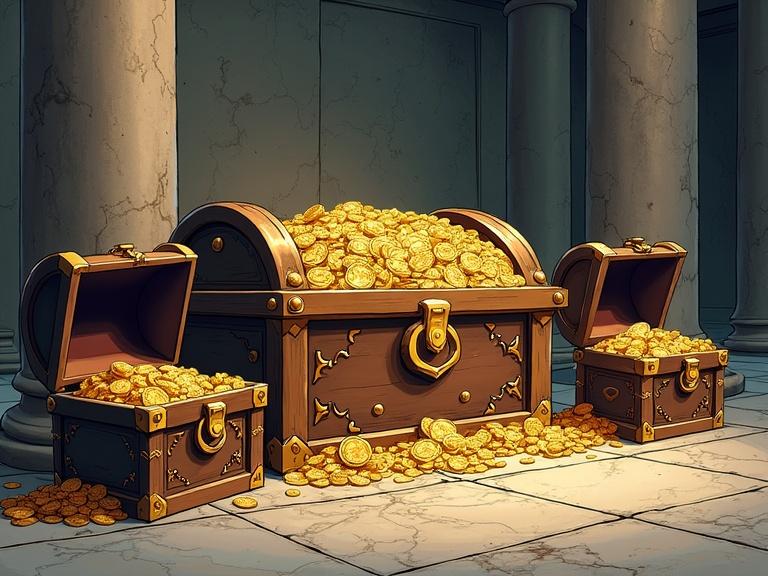 Treasure chests are depicted in a realistic comic style. Chests filled with coins and jewels are placed on a marble floor. They are positioned in front of an altar.