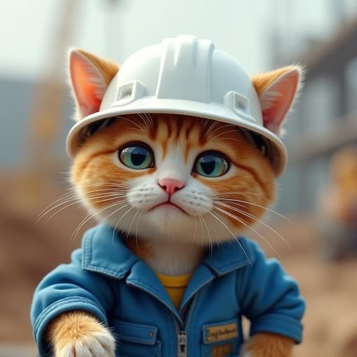 Realistic cat wearing white safety helmet and blue work uniform on a construction site about to cry teary-eyed Genba Neko style