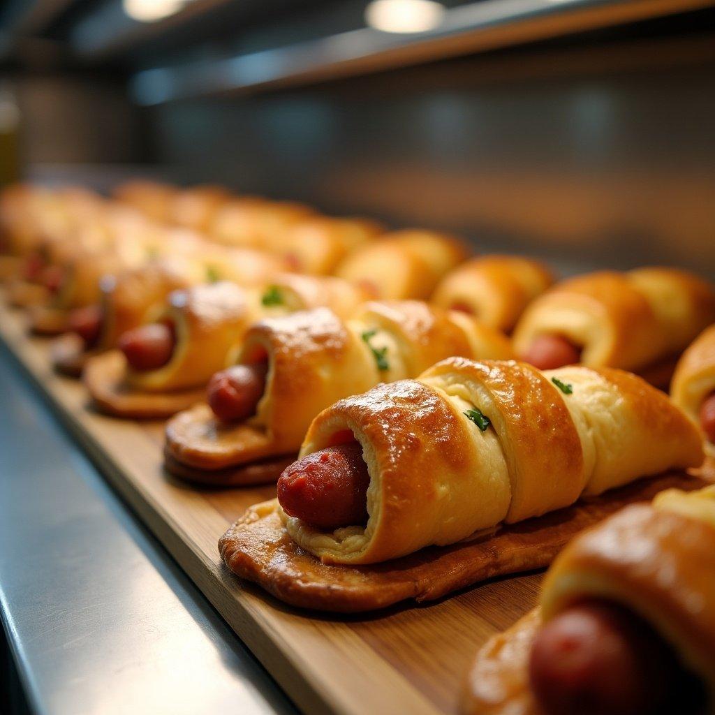 Gourmet sausage rolls wrapped in golden pastry on a stainless steel counter. High definition image. Beautiful presentation of food.