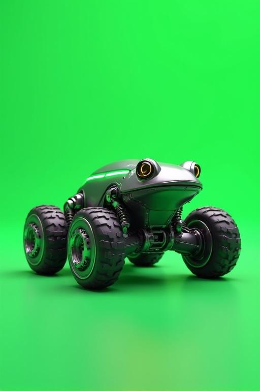 3D animation of a futuristic robotic frog designed without legs. Frog has four compact wheels for movement. Body is metallic with aerodynamic curves. Features glowing neon lines and mechanical eyes. Tongue is a retractable mechanical cable. Wheels are rugged and flexible for fast movements. Robotic frog rolls and spins on a green background.