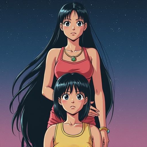 Anime-style female characters traveling through space. Long flowing black hair and a fur coat. Inspired by 1970s Japanese anime. Mysterious and sad eyes. Dreamlike atmosphere. Stars shining in the cosmos background. Soft lighting. Full body image with a retro sci-fi vibe.