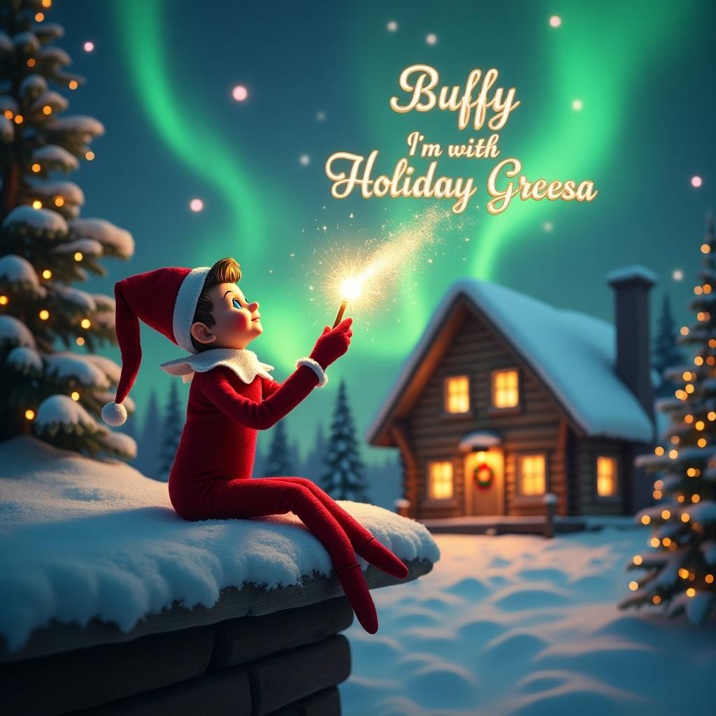 Elf sits on a ledge gazing upward. Holds a glowing wand that emits sparkling light. Christmas scene in background with northern lights. Cozy house decorated for holidays. Snowy ground adds winter atmosphere. Elf embodies spirit of Christmas magic. Wand creates a message in the air.