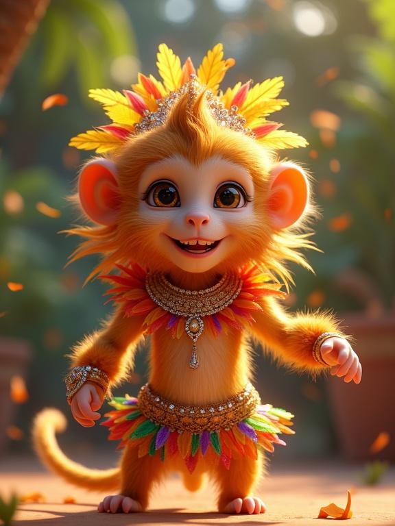 A baby golden lion tamarin monkey dressed in a vibrant samba dancer costume. The monkey has a feathered headdress with sparkling accessories. It stands against a tropical backdrop filled with palm leaves and confetti. The expression of the monkey is cheerful. The image has a Pixar-style 3D render and is ultra-high quality.