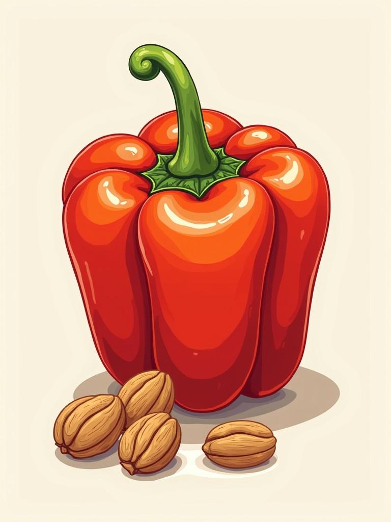 Simple bold illustration of a red sweet bell pepper with vibrant colors alongside brown walnuts placed in a light backdrop.