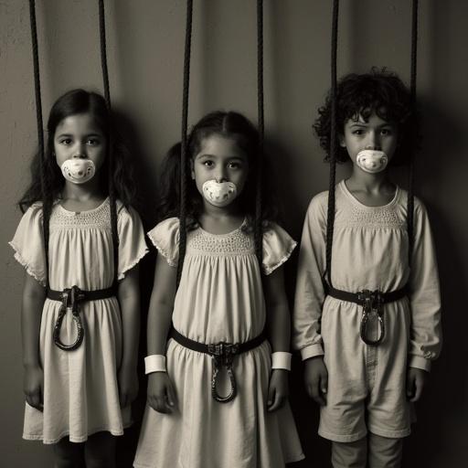 Three children with ropes on their necks. They wear white dresses. The scene is dark and somber. Children have handcuffs and pacifiers. Emotions of fear and anxiety are depicted.