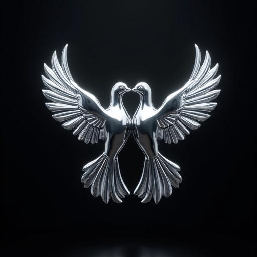 3D logo design features two doves in intertwined pose. The doves are made of liquid chrome with polished surfaces. Lighting is dramatic with volumetric rays catching details. The background is dark and minimalist.