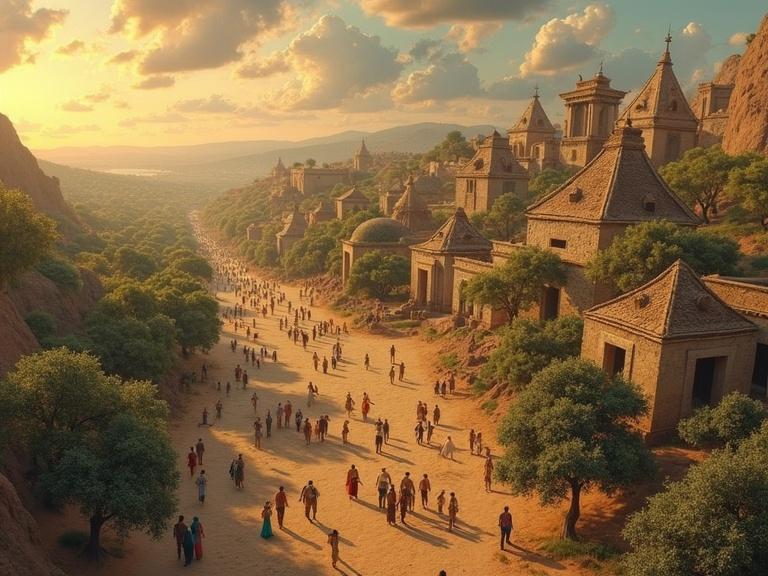 Scenic view of ancient ruins in a valley. Golden sunlight bathes historical structures. People walking along dusty paths near green trees and stone buildings. Remains of an ancient civilization in a serene landscape.
