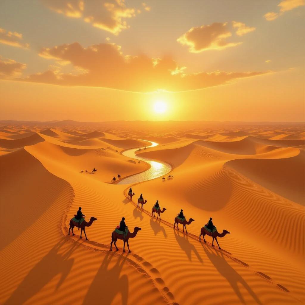 A stunning desert landscape with warm orange-yellow tones creating a tranquil and mysterious atmosphere. A winding river flows like a golden ribbon among the sand dunes, contrasting with the golden sand. The low sun adds a soft glow, giving a sense of stillness. The scene showcases the harmony between nature and human presence, evoking a sense of the majesty and serenity of nature.