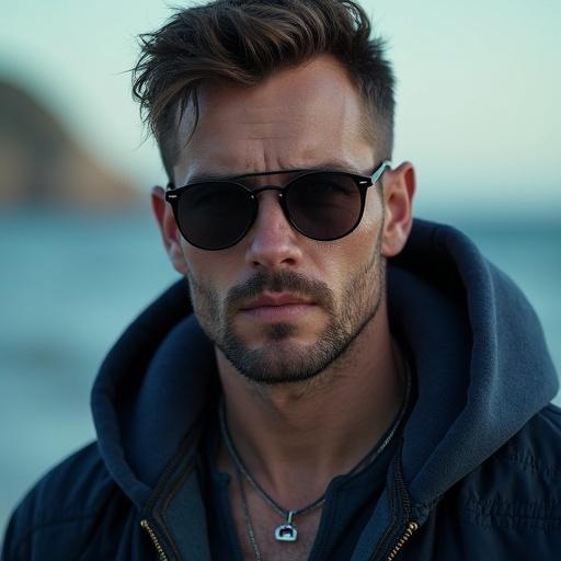 Image of a man 30 years old with an oval face. Hair is short wavy dark brown. The man wears sunglasses. The man sports a dark blue zip-up jacket and a burgundy shirt. Features a backpack on his shoulder. A chain with Ethereum logo pendant. The setting highlights technology and cryptocurrency. The image has a cinematic feel with a focus on the character.