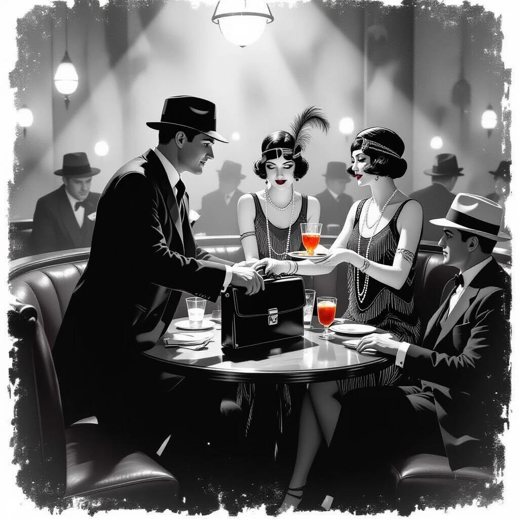 A 1920s speakeasy scene with well-dressed individuals. A mobster hands off a briefcase. A corrupt politician is present. A flapper waitress serves drinks. The setting is dark and moody with an ultra-realistic quality.
