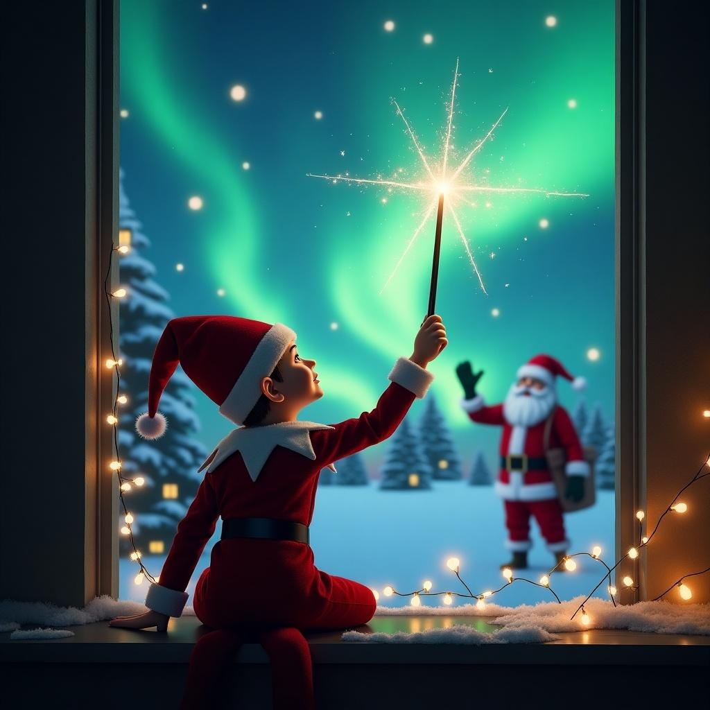 A whimsical scene featuring an elf on the shelf, sitting with his back to the viewer. The elf is using a sparkling wand to write 'Radan' in the night sky, creating a magical effect. The background showcases a beautiful winter landscape with vibrant northern lights illuminating the scene. In the distance, Santa Claus waves cheerfully, adding to the festive atmosphere. Soft fairy lights frame the window, enhancing the cozy feel of the indoor setting. This enchanting illustration captures the joy and magic of Christmas.