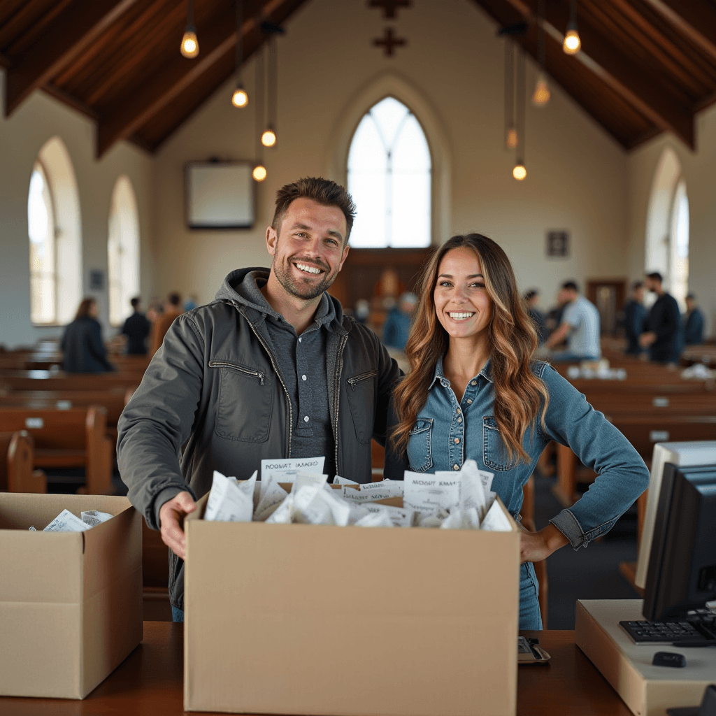 A smiling couple stands in a church with boxes of food donations ready to be given out.