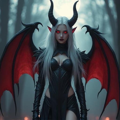 A breathtakingly beautiful devil girl with flawless pale skin. She has glowing red eyes and long silver hair. Sharp black horns adorn her head. She wears tight-fitting black leather armor. Her outfit has gothic details, revealing yet elegant. High boots complement her look. A magical red aura surrounds her. A provocative smirk rests on her lips. Mischievous glowing eyes captivate the viewer. Dark feathered wings extend from her back. She floats slightly above ground. The background features a full moon and misty forest. The image is hyper-realistic with cinematic lighting.