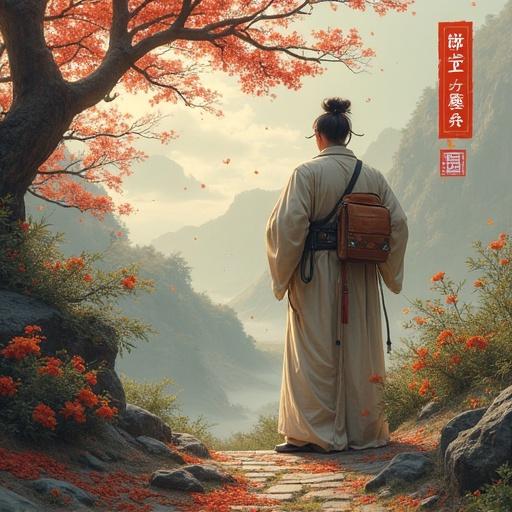 Traditional Chinese ink wash painting. Depicts a tranquil ancient temple amidst mountains and clouds.