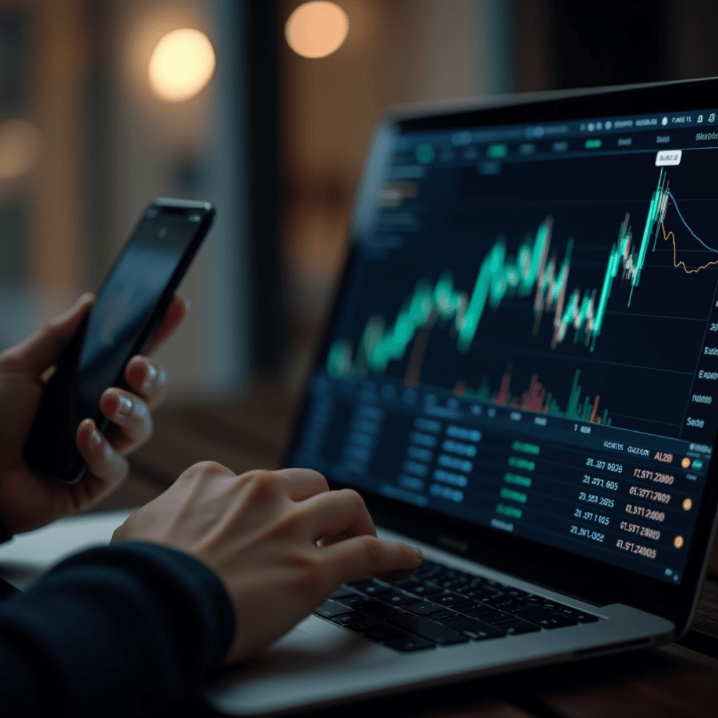 A person analyzing stock market charts on a laptop while holding a smartphone.