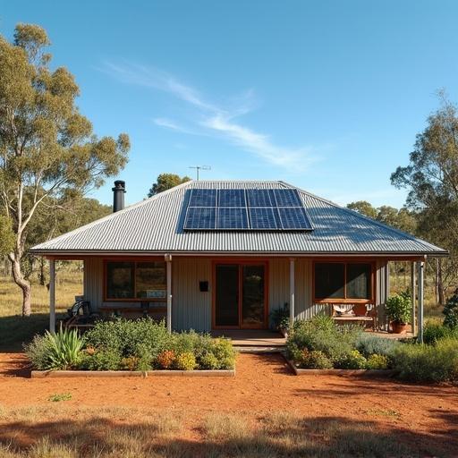 House in Queensland with corrugated metal roof surrounded by raised garden bed with vegetables. Solar panels on roof. Cleared land as firebreak surrounds homestead. Background features Queensland landscape with eucalyptus trees and bright blue sky.